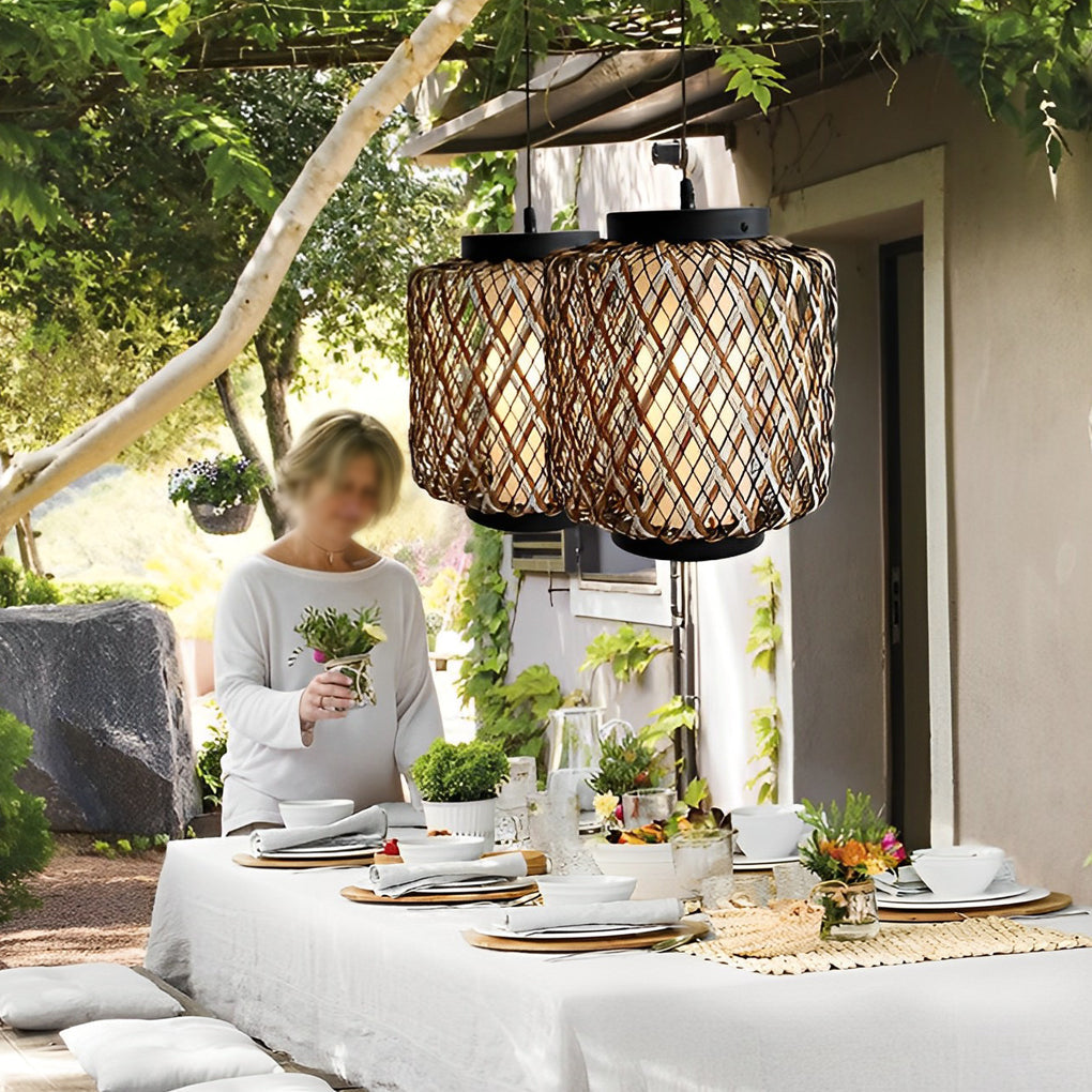 Rustic Modern Outdoor Hanging Chandelier — Iron and Rattan, E27, 10.2" Diameter, Waterproof