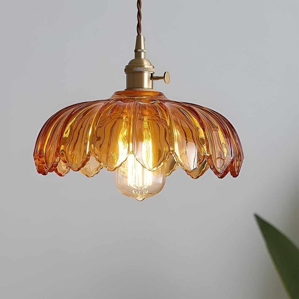 Retro Flower Glass Mini Pendant — Brass, Rotary Switch, 10" Diameter, Clear / Amber / Green / White
