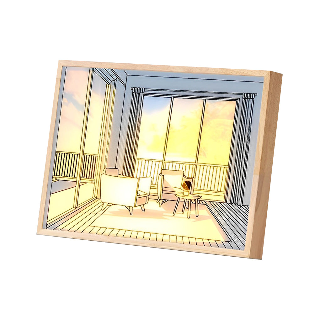 Sunshine LED Wall Art Night Light — Wood and Acrylic Frame, Touch Dimmable, 13" × 9", Rechargeable