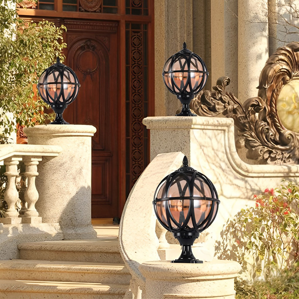 Round Glass Outdoor Post Cap Light — Aluminum, E27, Waterproof, Black or Bronze