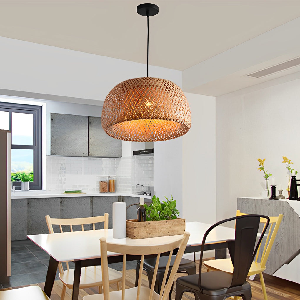 Hand-Woven Bamboo Lantern Chandelier — Rustic Modern, E27, Three-Step Dimming (3000K/4500K/6000K), 12"–18" Options