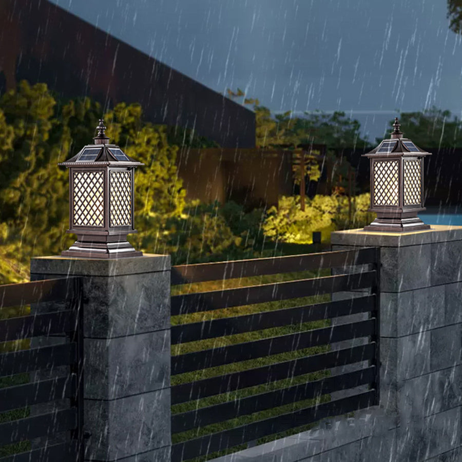 Lantern-Style Outdoor Pillar Light — Aluminum & Glass, Solar or Hardwired, 3-Step Dimming (3000K/4500K/6000K), IP65, E27