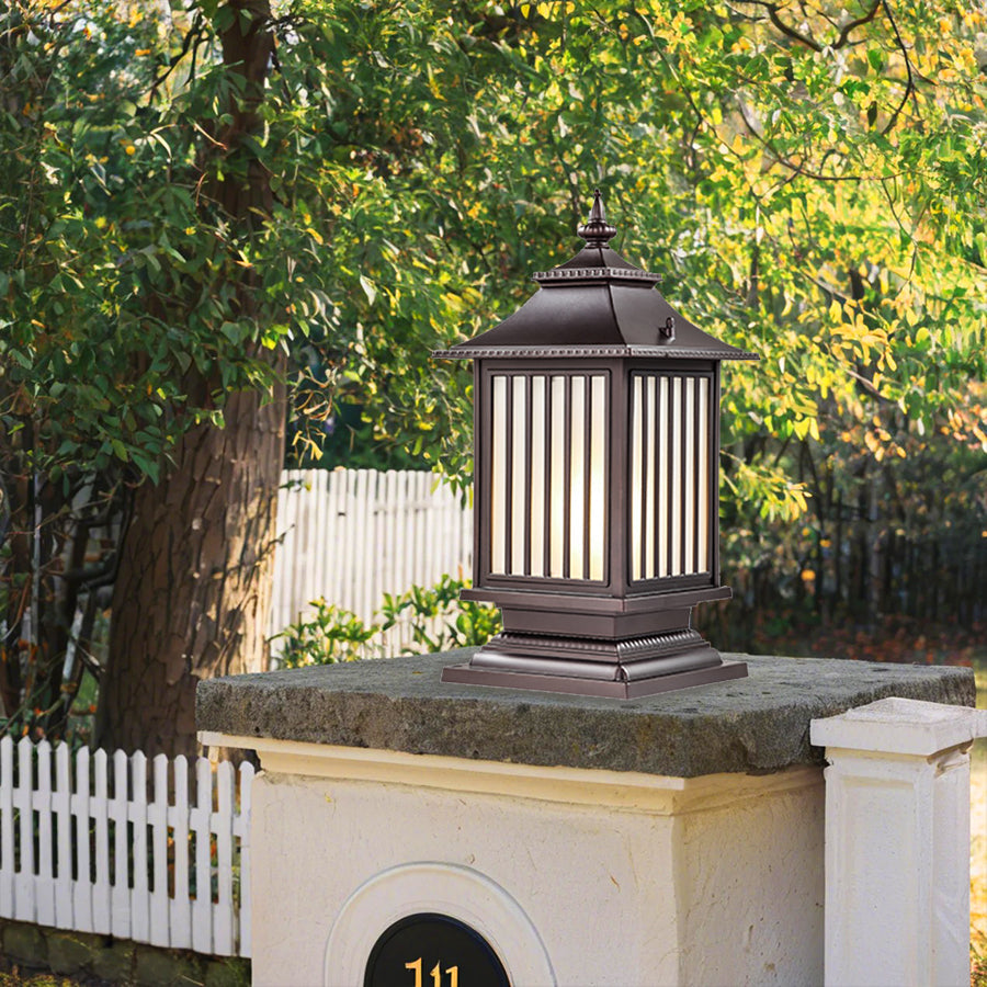 Lantern-Style Outdoor Pillar Light — Aluminum & Glass, Solar or Hardwired, 3-Step Dimming (3000K/4500K/6000K), IP65, E27