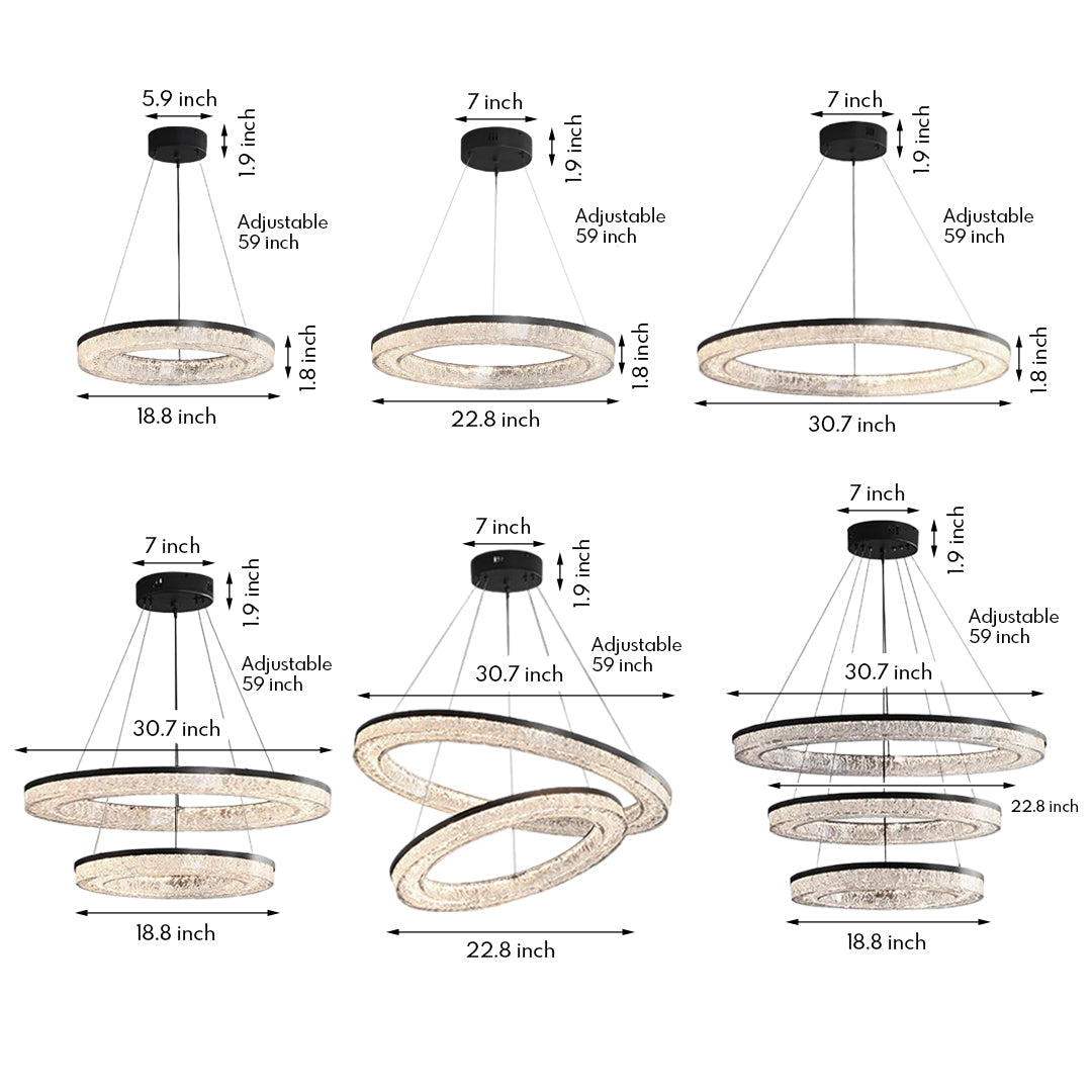 Ring Circle Chandelier — Full Copper with Crystal, LED Three-Color Dimmable, 10 Sizes (50–120cm), 30W–158W