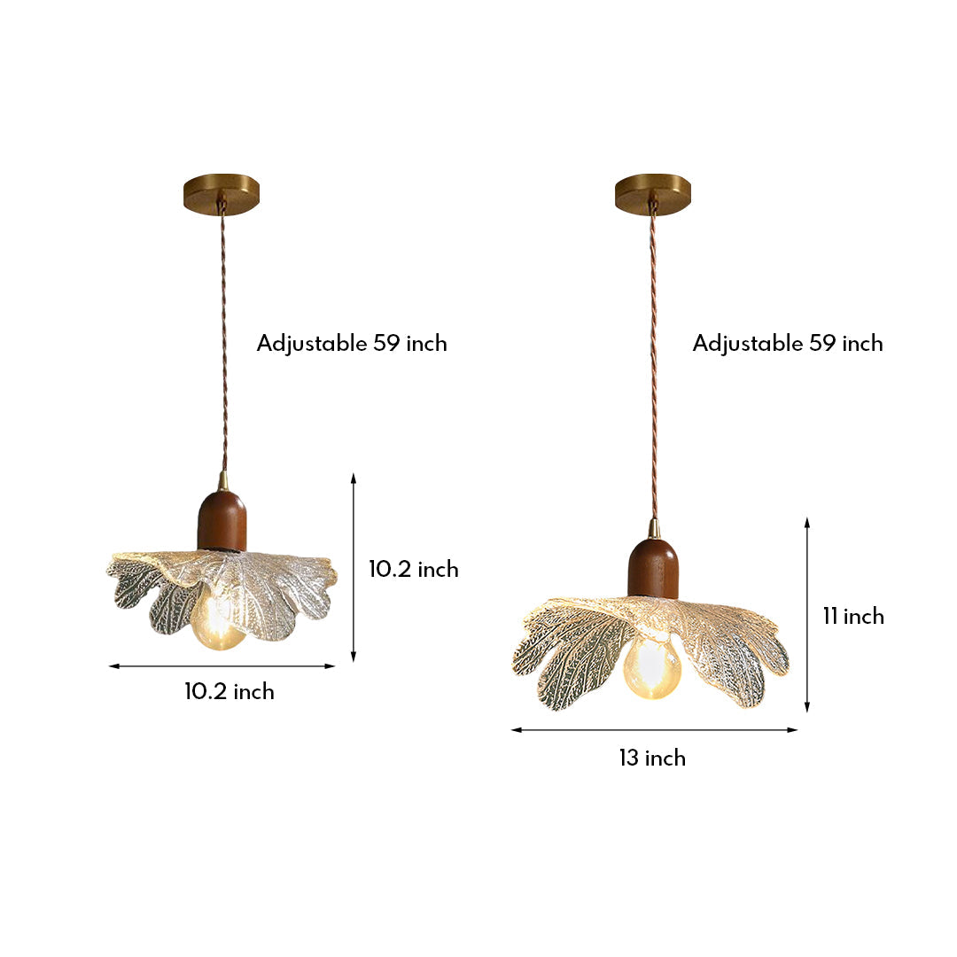 Lotus Leaf Mini Pendant — H65 Brass and Handcrafted Glass, Wood Accent, 1-Light, 3000K Warm, Hardwired