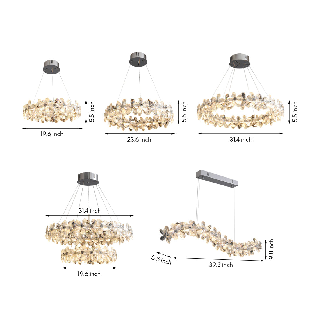 French Flower Crystal Chandelier — Mirror-Polished Metal, K9 Crystal, Stepless Dimming 3000K–6000K, Remote Control, Multiple Sizes