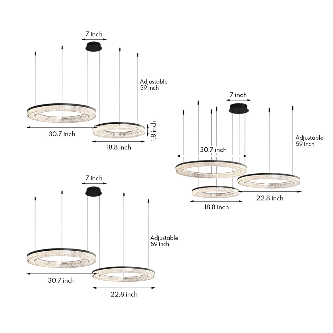 Ring Circle Chandelier — Full Copper with Crystal, LED Three-Color Dimmable, 10 Sizes (50–120cm), 30W–158W