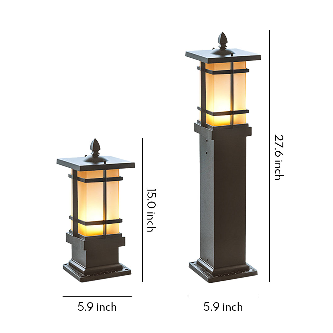 Vintage Geometric Outdoor Bollard Light — Black Aluminum & Glass, 12W LED E27, IP65, Hardwired