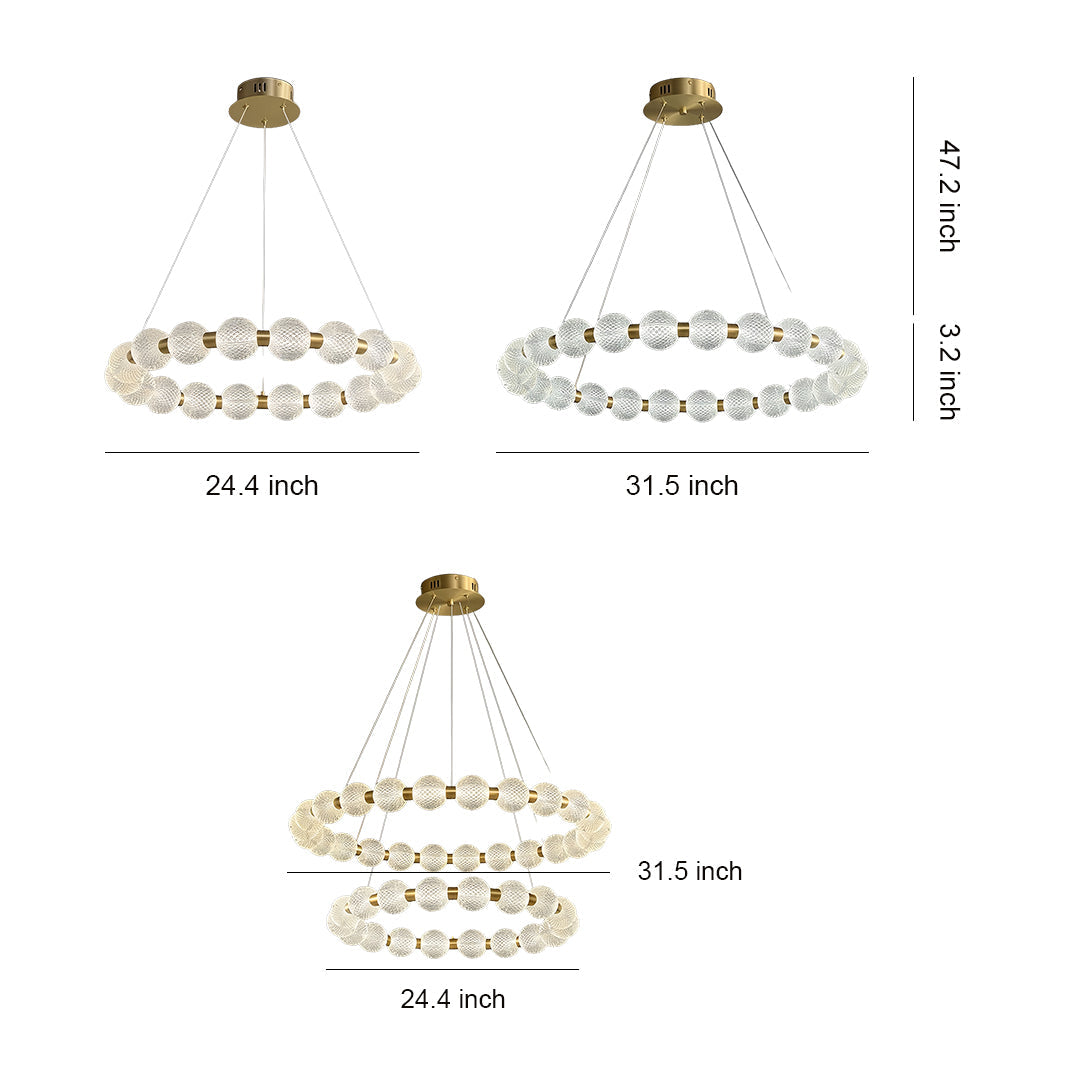 Round Glass Shade Island Chandelier — Gold Metal, Three-Step Dimming, 60cm / 80cm / Combination