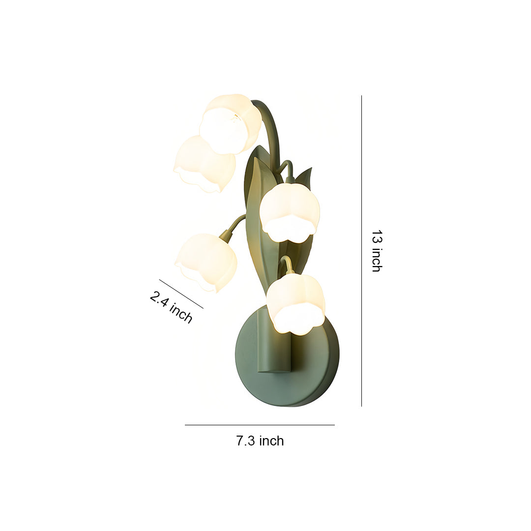 Bellflower Floral Wall Sconce — Green Iron, Clear Glass, 5-Light G4, Three-Step Dimming (3000K/4500K/6000K)