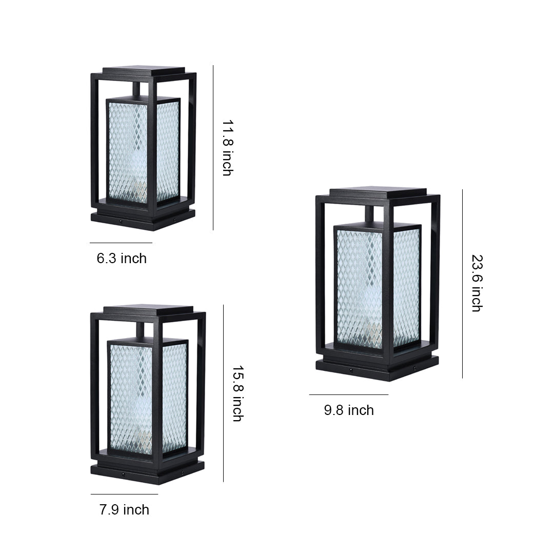 Industrial Square Glass Lantern Bollard — Black, Galvanized Steel, IP65, LED, Hardwired or Solar, 3 Sizes