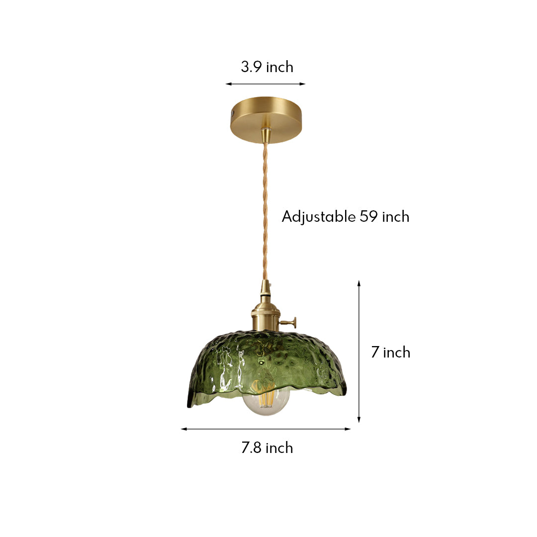 Hammered Glass Mini Pendant — Brass, E27, Adjustable 1.5m Cord, Transparent or Dark Green