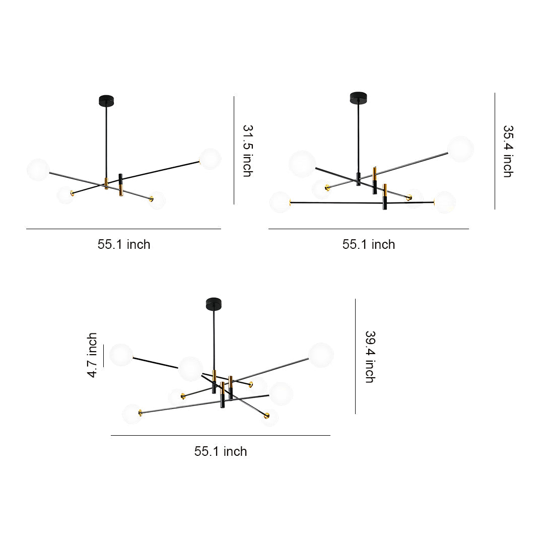 Branch Chandelier — Black and Gold Iron, Transparent Glass Shades, G9 3-Step Dimming (3000K/4000K/6000K), 4-, 6-, or 8-Light