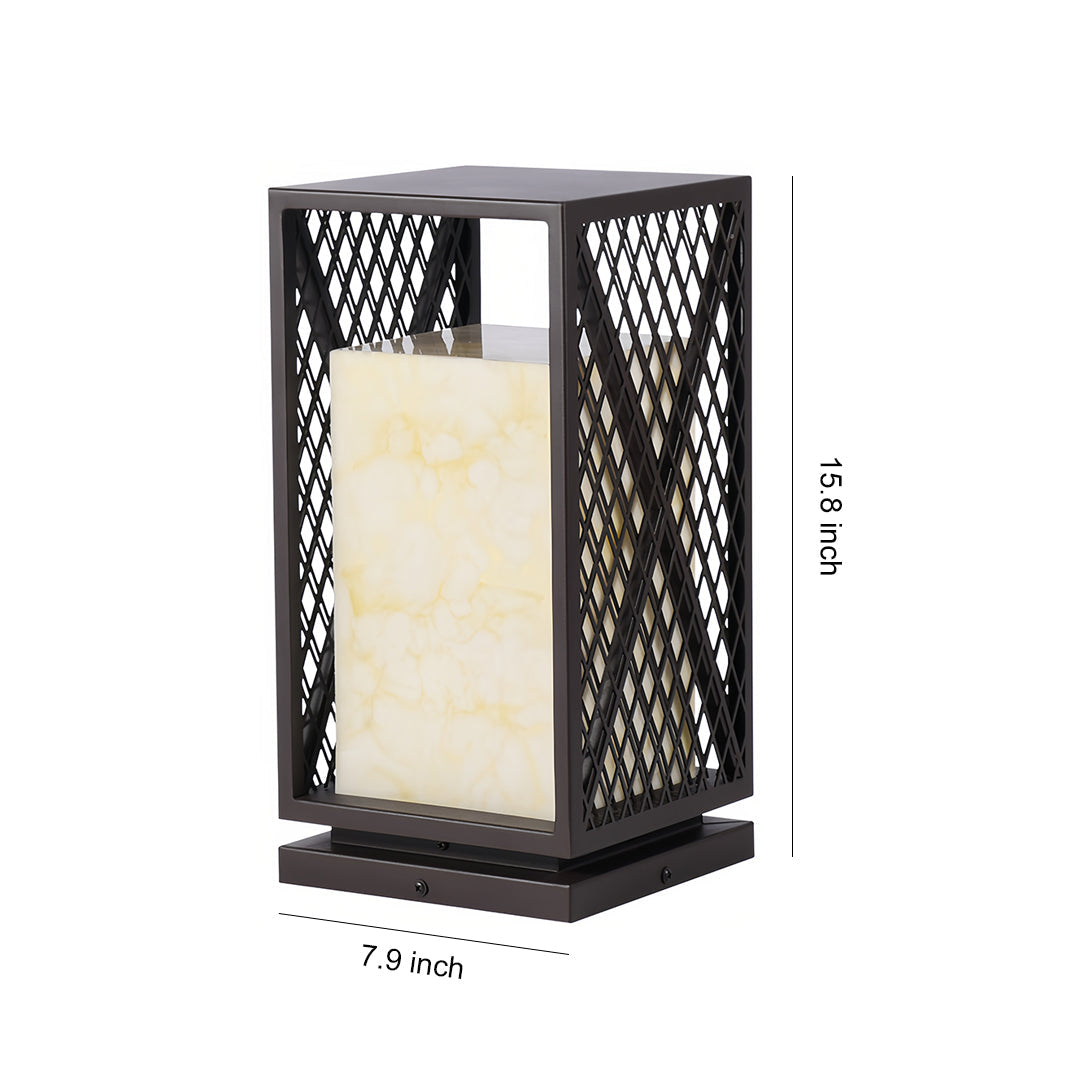 Square Outdoor Bollard Lantern — Galvanized Steel, Marble-Texture Shade, 10W LED 3000K, IP65