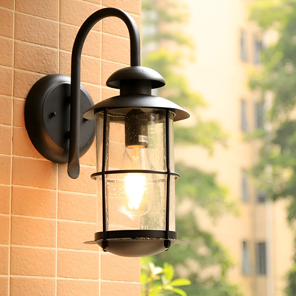 Industrial Outdoor Wall Sconce — Black Iron and Glass, Plug-in, E27, LED, 7" × 16"