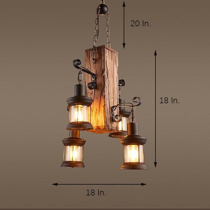 Lodge-Style Farmhouse Chandelier — Wood and Bamboo, 4-Light Lantern, 18" Diameter, Adjustable 20" Chain
