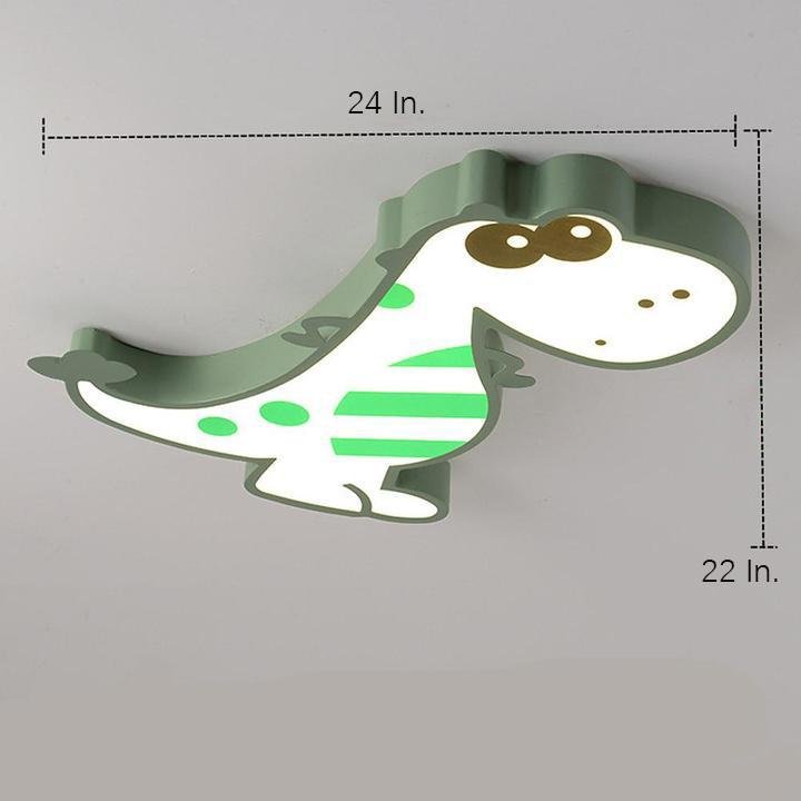 Cartoon Dinosaur LED Flush-Mount Ceiling Light — Metal, Dimmable with Remote, Pink or Green, 24" × 22"