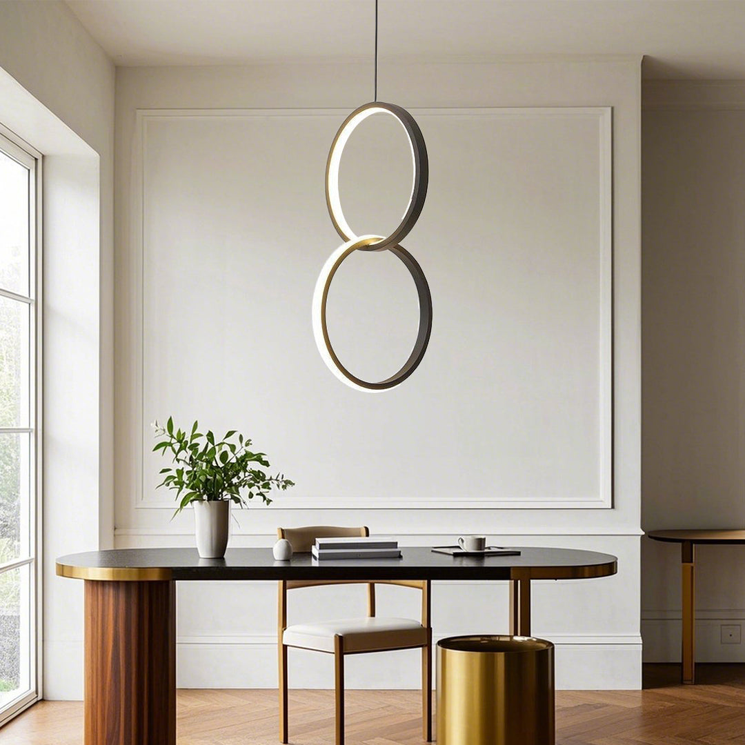 Interlocking Dual-Ring LED Pendant Light — Aluminum and Acrylic, Dimmable, Remote Control, 3000K–6000K, 59" Adjustable Cord