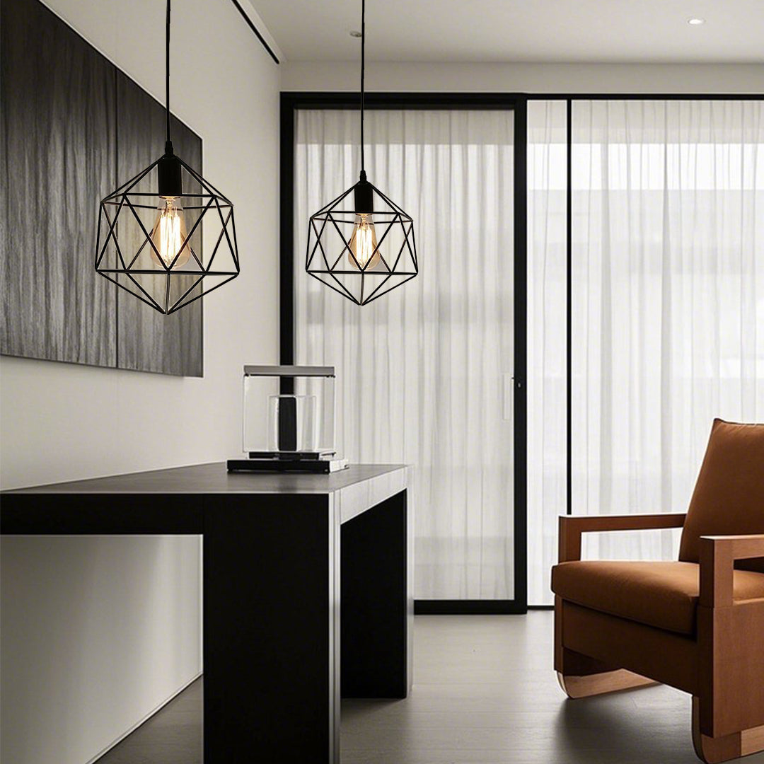Industrial Geometric Cage Mini Pendant — Metal, 1-Light, 4W LED, 10" Diameter, Adjustable 39" Cord