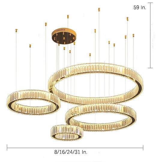 4-Ring Crystal Chandelier — Stainless Steel, Gold, LED, 31" Diameter, Remote Dimmable, 3000K/6500K