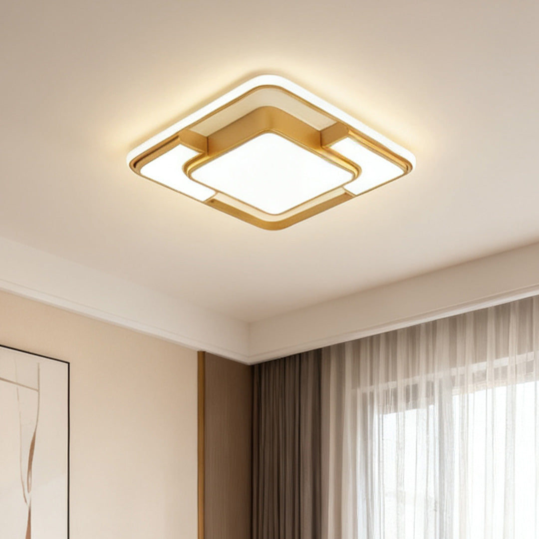 Square Geometric LED Flush-Mount Ceiling Light — Acrylic, 3-Step Dimming, Remote Control, Black or Gold