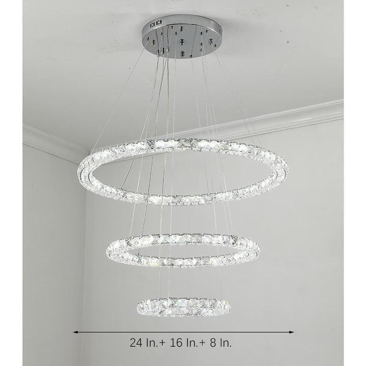 Tiered Crystal Ring Chandelier — Metal & Crystal, LED 3000K, 3-Ring or 4-Ring, 39" Adjustable Cord