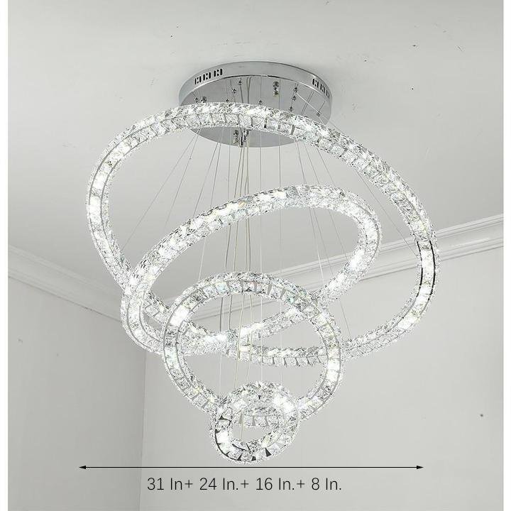 Tiered Crystal Ring Chandelier — Metal & Crystal, LED 3000K, 3-Ring or 4-Ring, 39" Adjustable Cord