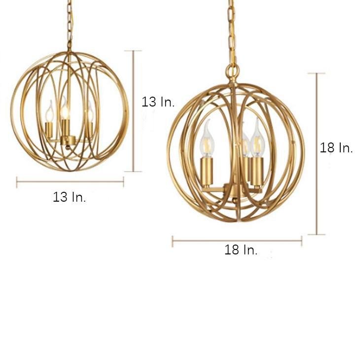 3-Light Brass Globe Cage Chandelier — Brushed Gold, G9 Candlestick, Adjustable Chain, 13" or 18"