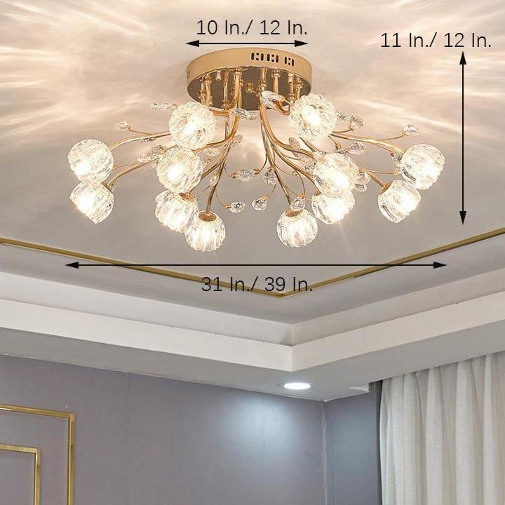 Crystal Cluster Globe Flush-Mount — Gold, Glass, LED, 12- or 15-Light, 31", 3000K