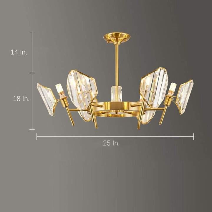 Brass Ring Frame Crystal Chandelier — Gold Electroplated, Metal Arc Branches, 5- to 12-Light