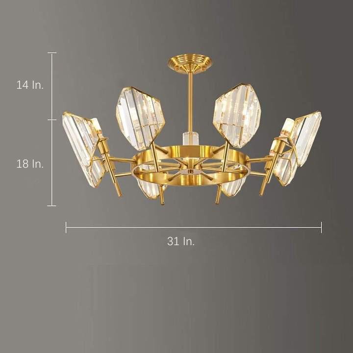Brass Ring Frame Crystal Chandelier — Gold Electroplated, Metal Arc Branches, 5- to 12-Light