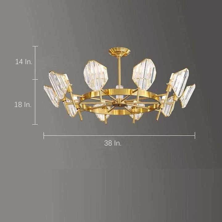 Brass Ring Frame Crystal Chandelier — Gold Electroplated, Metal Arc Branches, 5- to 12-Light