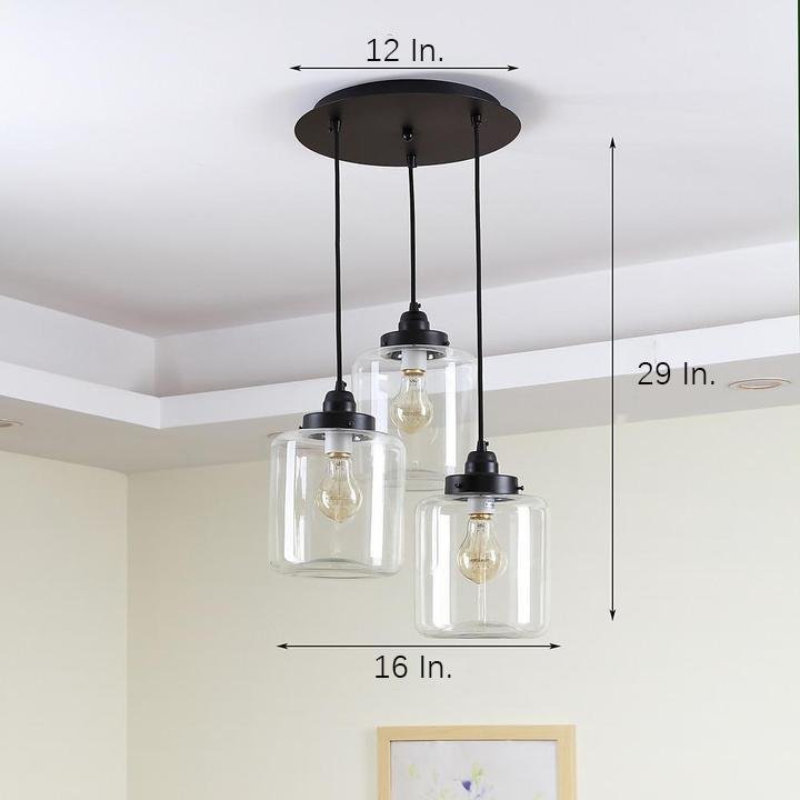 3-Light Industrial Glass Foyer Chandelier — Metal, Clear Glass Shades, 40W, 3000K