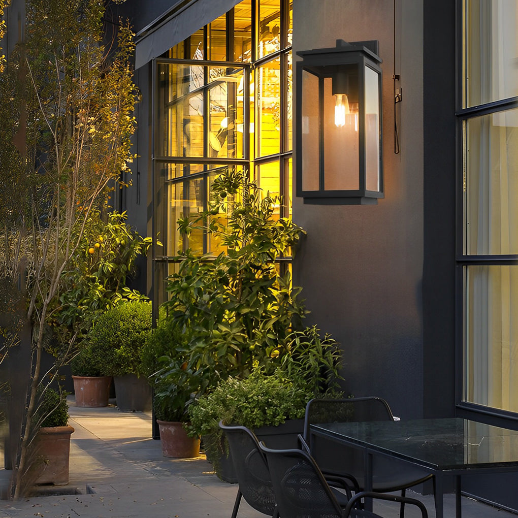 Industrial Outdoor Wall Sconce — Black Die-Cast Aluminum and Glass, Rectangular, Waterproof, E27