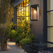 Industrial Outdoor Wall Sconce — Black Die-Cast Aluminum and Glass, Rectangular, Waterproof, E27