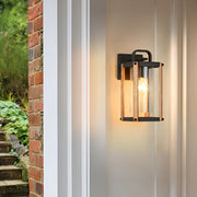 Black Glass Lantern Outdoor Wall Sconce — Die-Cast Aluminum, Industrial, Wood Grain Finish, 3200K