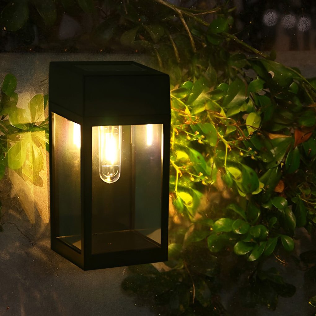 Rectangular Glass Solar Outdoor Wall Sconce — Black, LED, Light-Control Auto On/Off, Waterproof, 2800–3200K