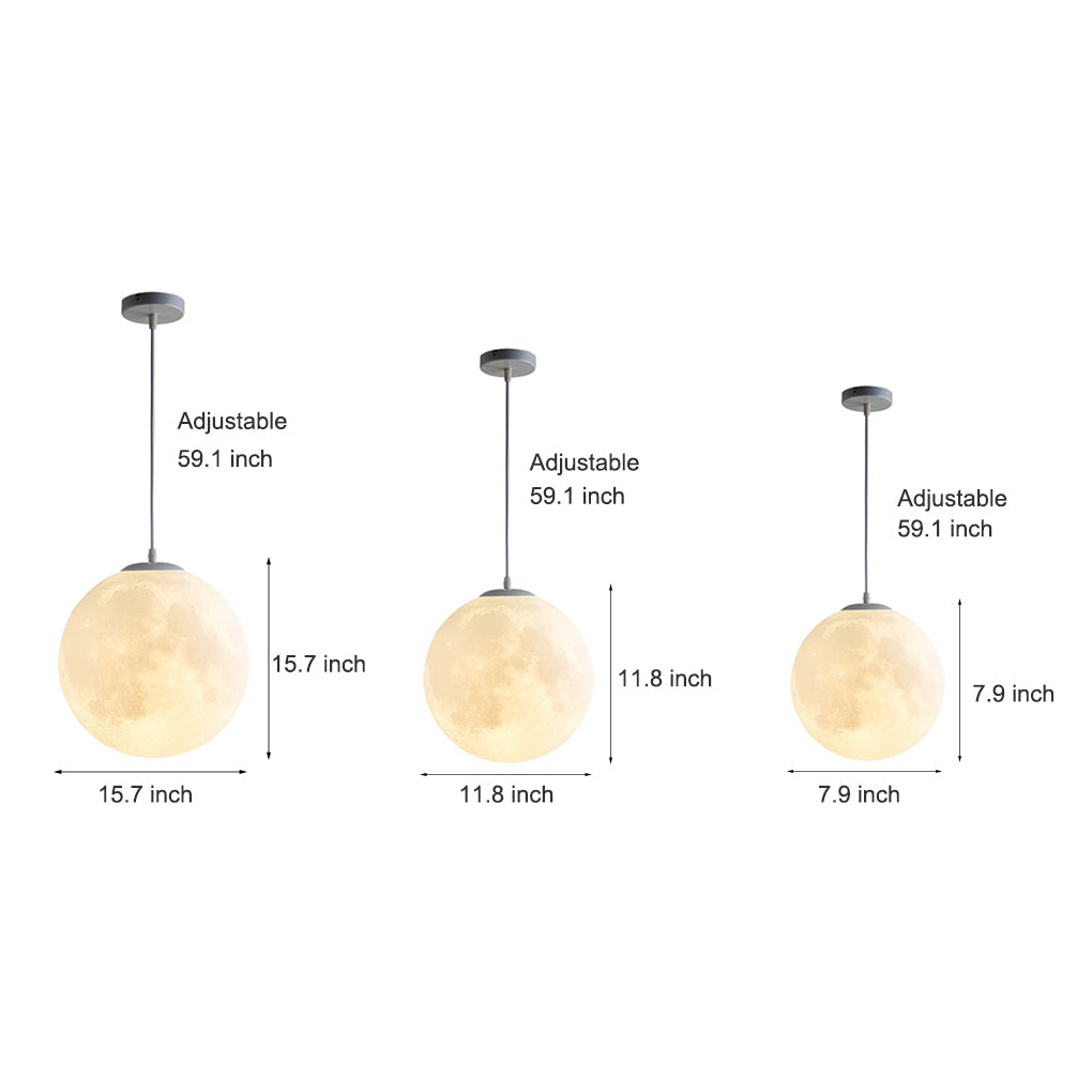 3D Moon Sphere Pendant — Iron, Lunar-Texture Lampshade, Adjustable Hanging Wire, 7.9"–15.7"