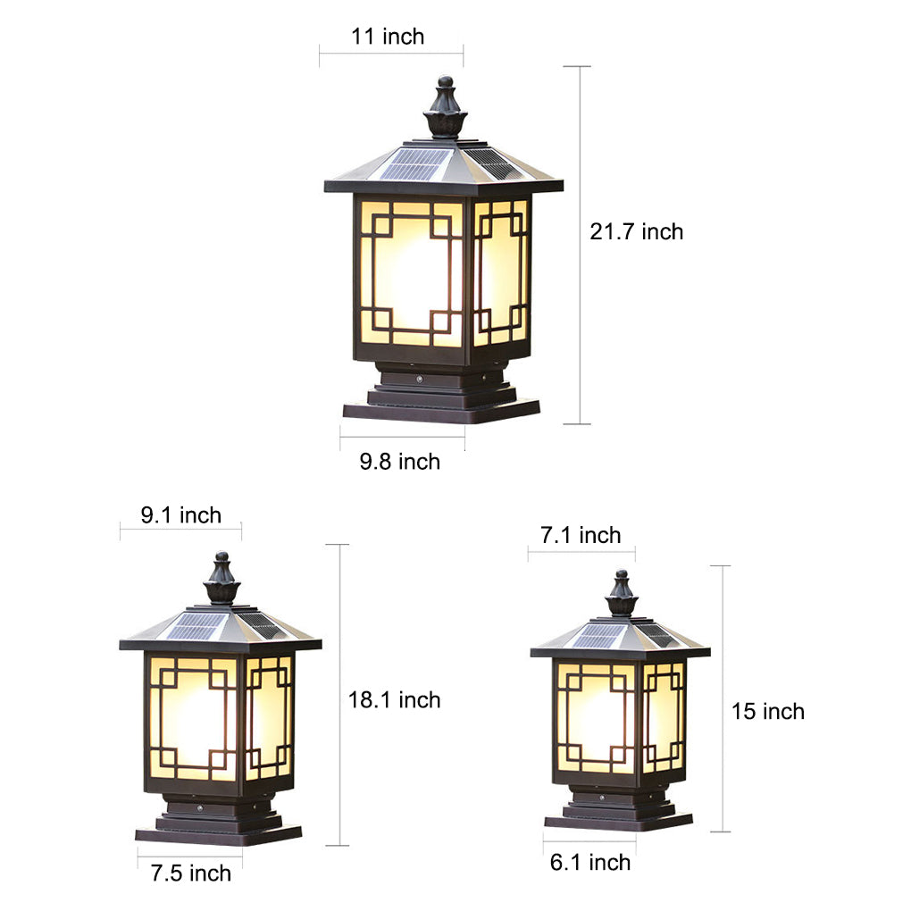 Brown Solar Fence Post Light — Die-Cast Aluminum, Retro Grille, Three-Color LED, IP65 Weatherproof