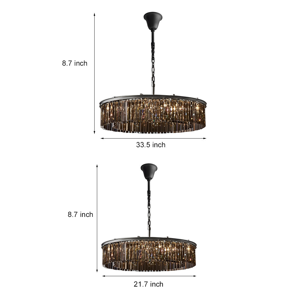 Round Crystal Strip Chandelier — K9 Crystal and Metal, Mid-Century Modern, 3000K Warm White, 21.7" or 33.5"