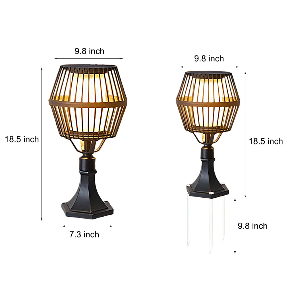 Caged Solar Outdoor Path Lantern — Matte Black Die-Cast Aluminum, COB LED, Warm White 3000K, Solar / Electric, Weatherproof