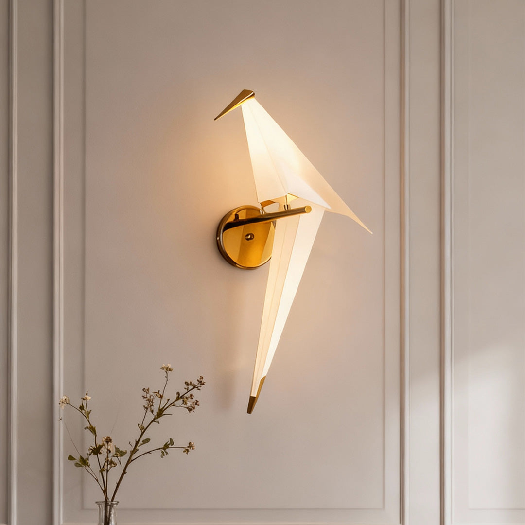 Origami Crane Wall Sconce — PP & Metal, Gold Accent, LED 6W, 3000K Warm White