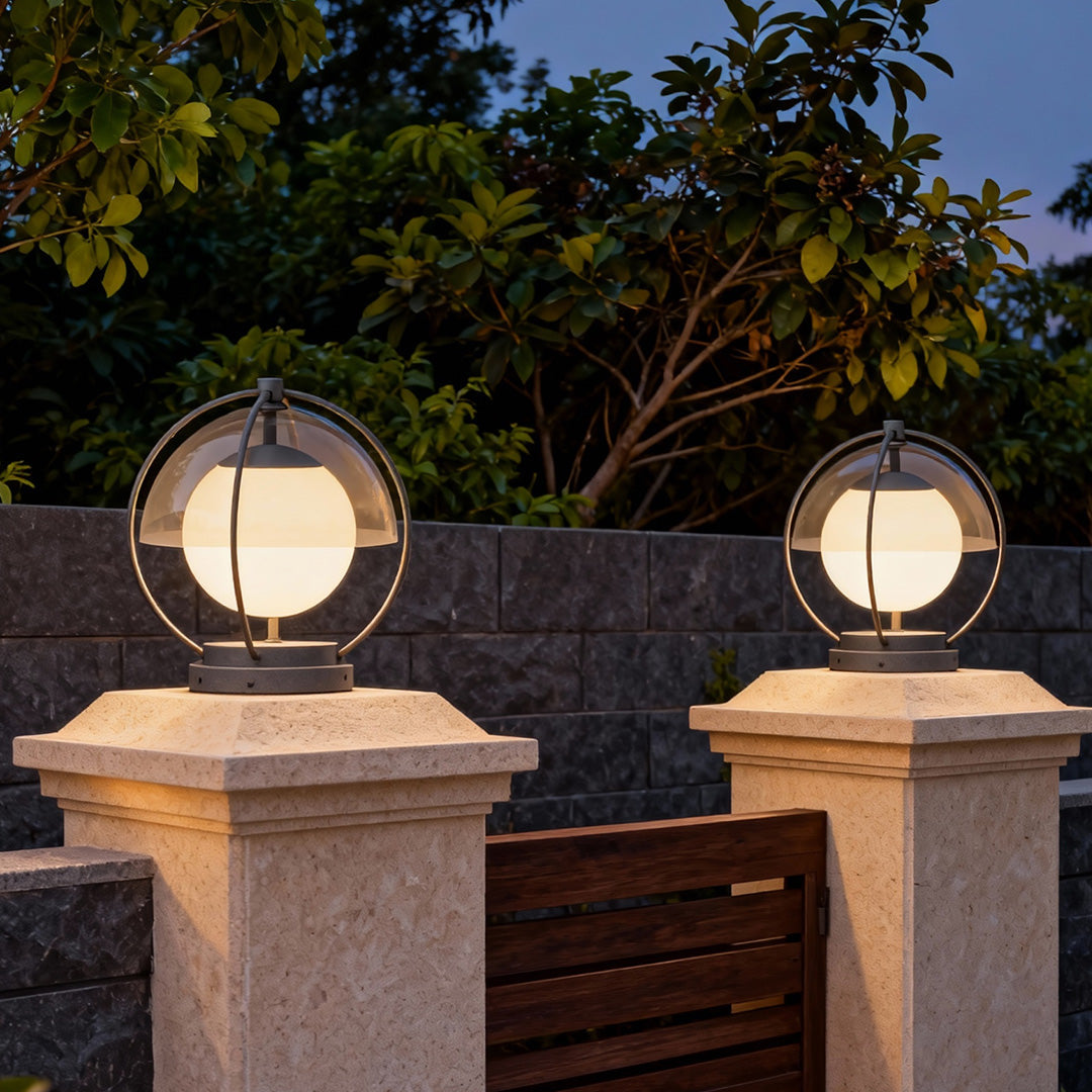 Modern Minimalist Globe Outdoor Pillar Light — Metal & PMMA, LED 3000K, Solar or Hardwired, Weatherproof