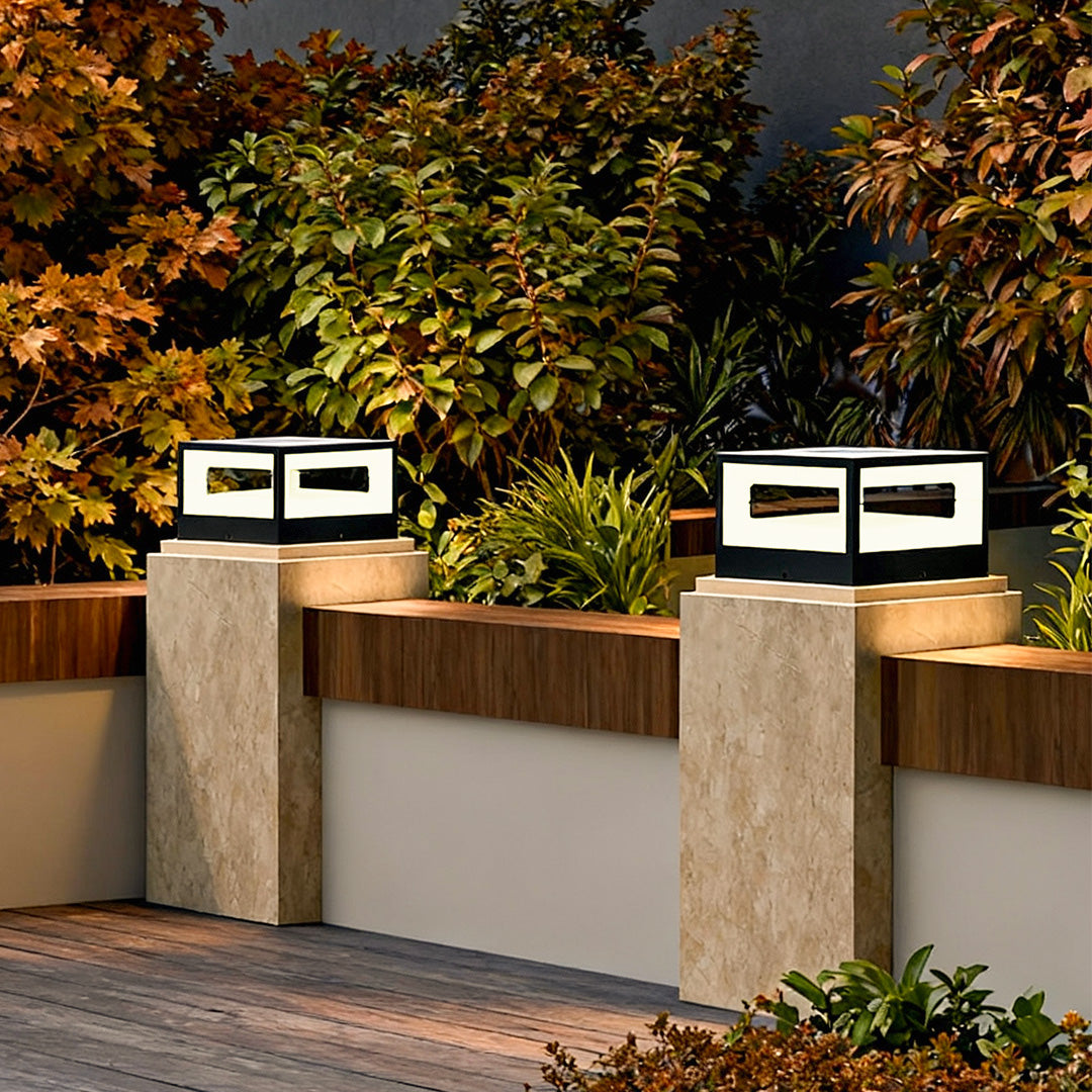 Hollow Square Outdoor Pillar Light — Stainless Steel, LED 3000K, Solar / Hardwired, IP65 Weatherproof