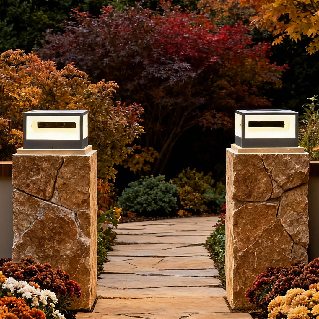 Hollow Square Outdoor Pillar Light — Stainless Steel, LED 3000K, Solar / Hardwired, IP65 Weatherproof