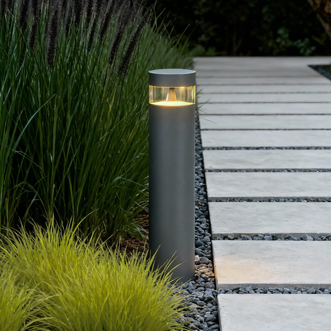 Minimalist Cylindrical Outdoor Bollard Path Light — Sand-Gray Aluminum, LED 12W, 3000K, IP65 Weatherproof