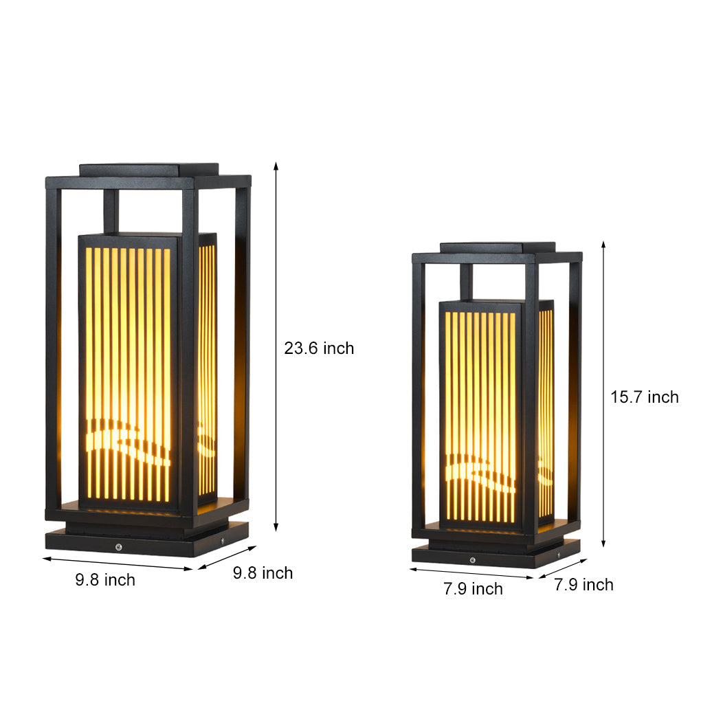 Modern Striped Lantern Bollard Light — Black, Geometric LED, Solar / Hardwired, 7.9" or 9.8" x 23.6"
