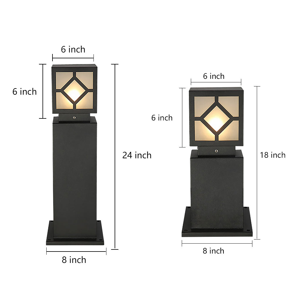 Square Solar Bollard Light — Frosted Glass, Black, LED, IP65 Weatherproof, 9"–24" Heights