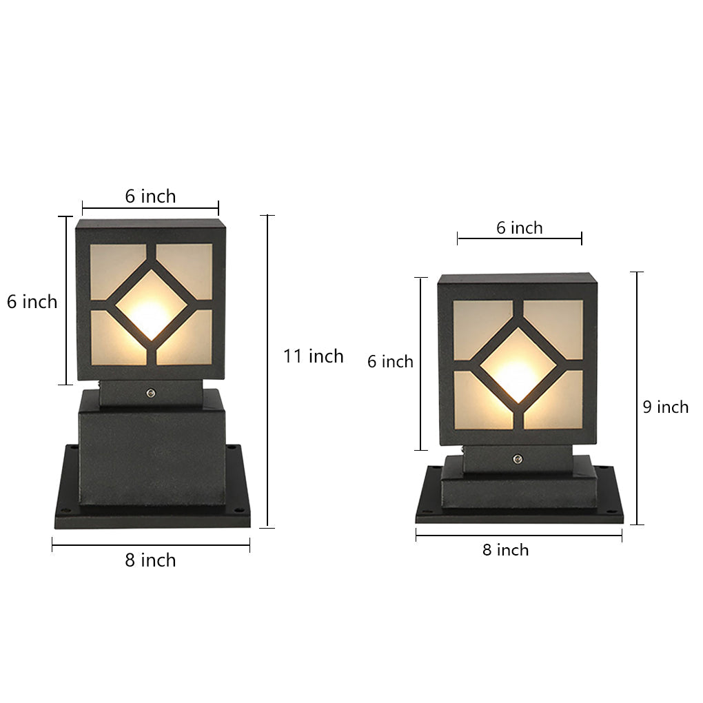 Square Solar Bollard Light — Frosted Glass, Black, LED, IP65 Weatherproof, 9"–24" Heights