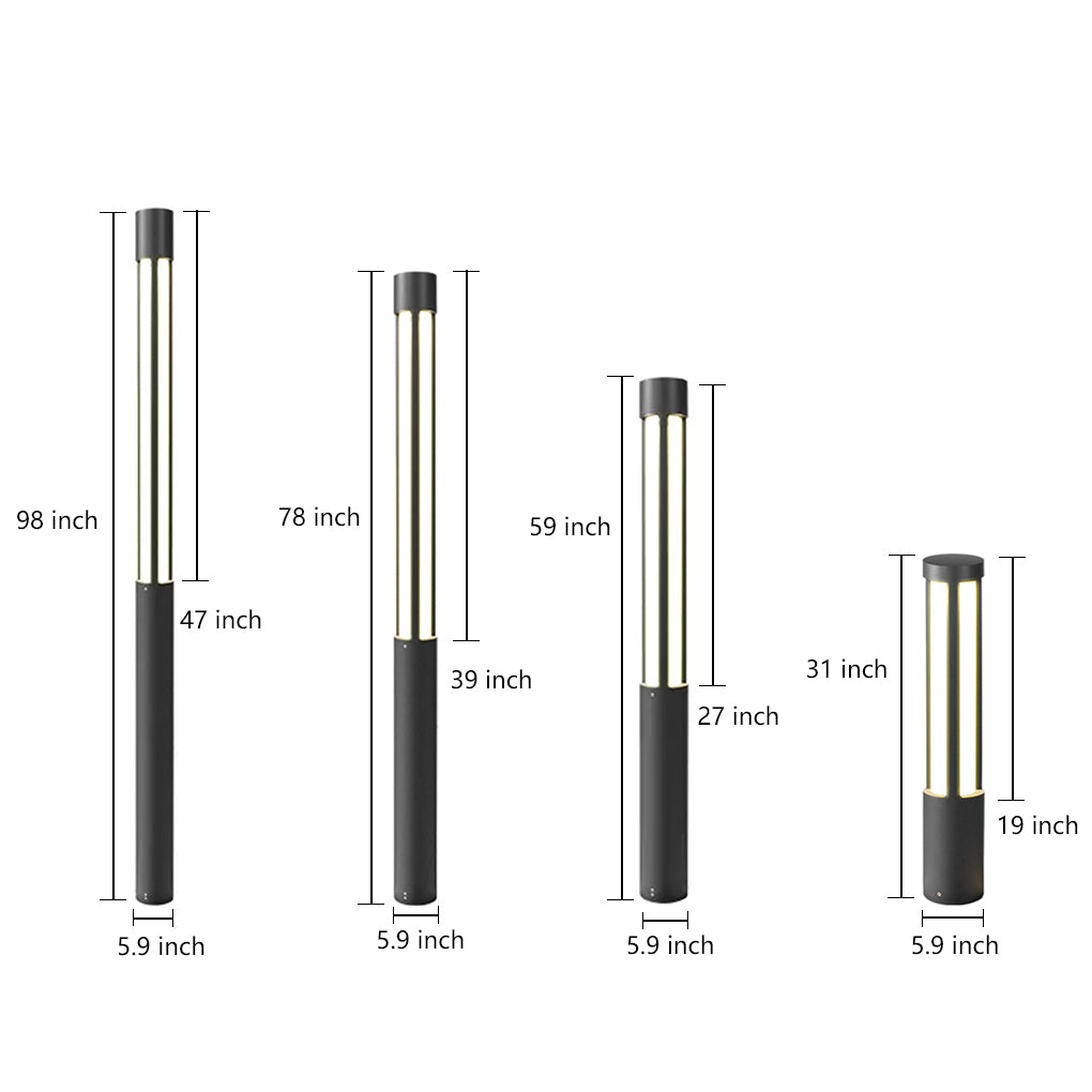 Cylinder Outdoor Bollard Light — Black Die-Cast Aluminum, LED, IP54, 10W–35W, 3000K, 31"–157" Heights